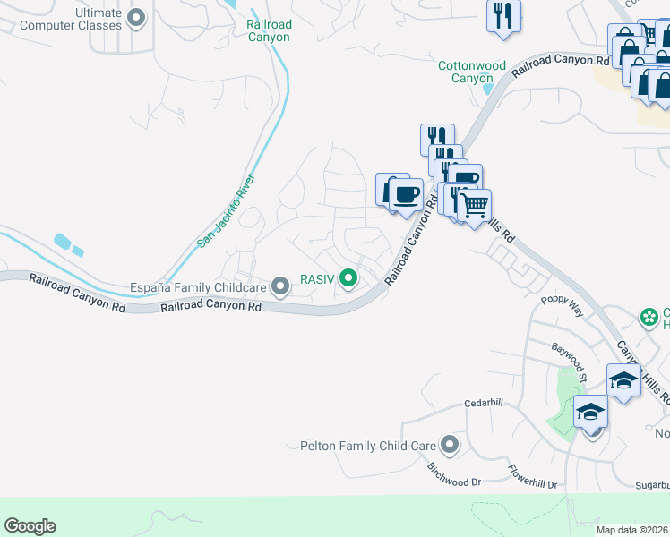 map of restaurants, bars, coffee shops, grocery stores, and more near 24213 Carnation Way in Lake Elsinore