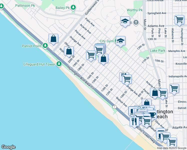 map of restaurants, bars, coffee shops, grocery stores, and more near 206 16th Street in Huntington Beach