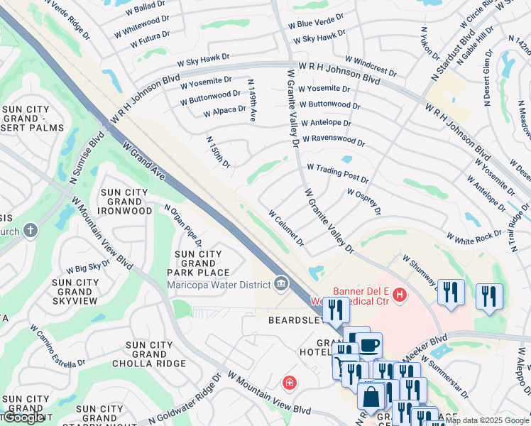 map of restaurants, bars, coffee shops, grocery stores, and more near 14707 West Calumet Drive in Sun City West