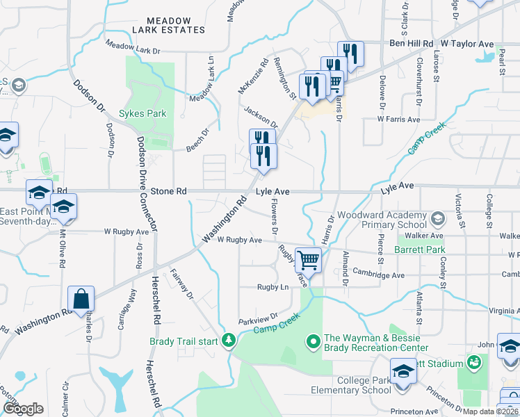 map of restaurants, bars, coffee shops, grocery stores, and more near 2339 Young Drive in College Park