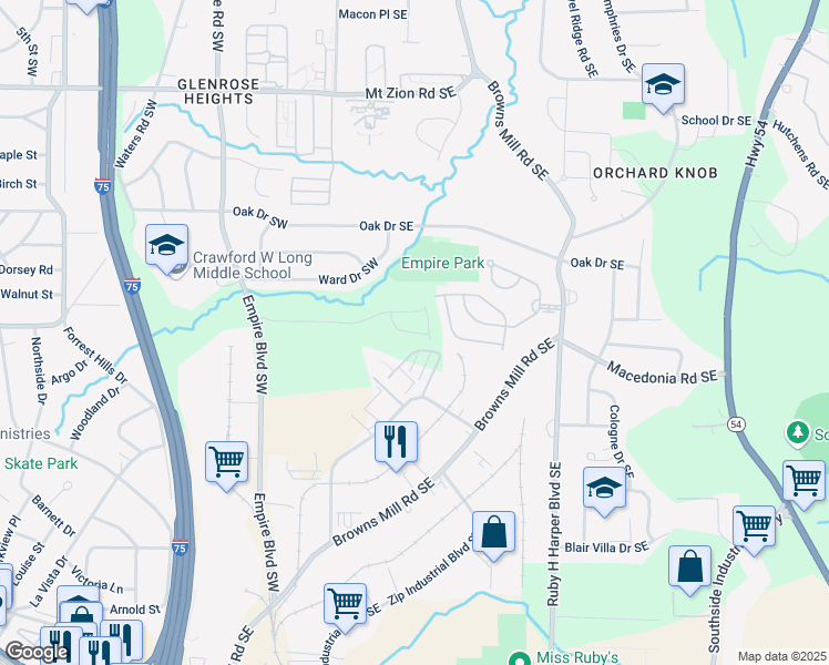 map of restaurants, bars, coffee shops, grocery stores, and more near Washburn Street Southeast in Atlanta