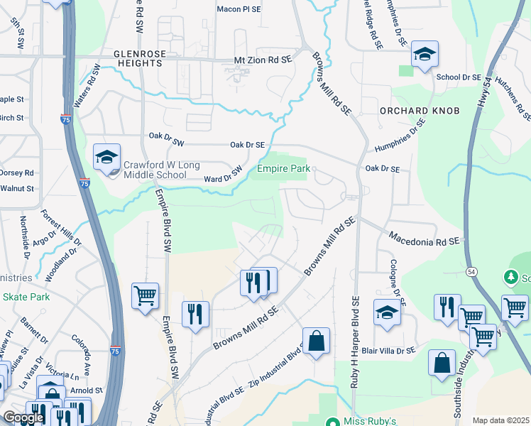 map of restaurants, bars, coffee shops, grocery stores, and more near 3142 Washburn Street Southeast in Atlanta