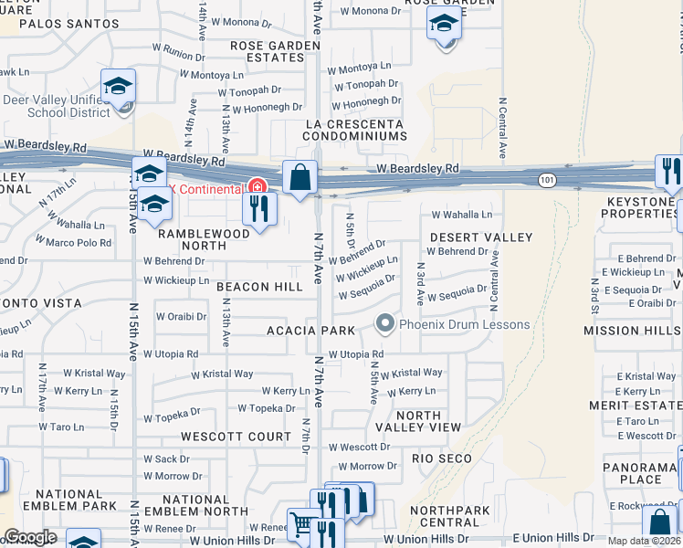 map of restaurants, bars, coffee shops, grocery stores, and more near 602 West Wickieup Lane in Phoenix