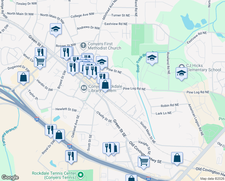 map of restaurants, bars, coffee shops, grocery stores, and more near 1016 Pine Logging Road Northeast in Conyers