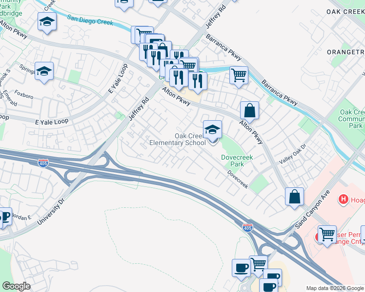 map of restaurants, bars, coffee shops, grocery stores, and more near 26 Daffodil in Irvine