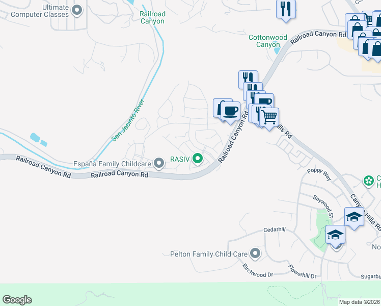 map of restaurants, bars, coffee shops, grocery stores, and more near 24213 Carnation Way in Lake Elsinore