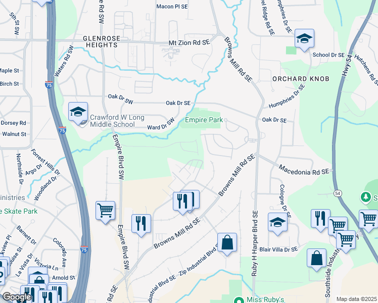 map of restaurants, bars, coffee shops, grocery stores, and more near Hamilton Court Southeast in Atlanta