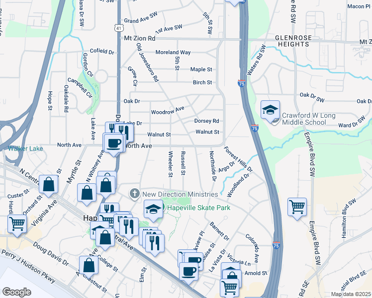 map of restaurants, bars, coffee shops, grocery stores, and more near 3317 Old Jonesboro Road in Hapeville