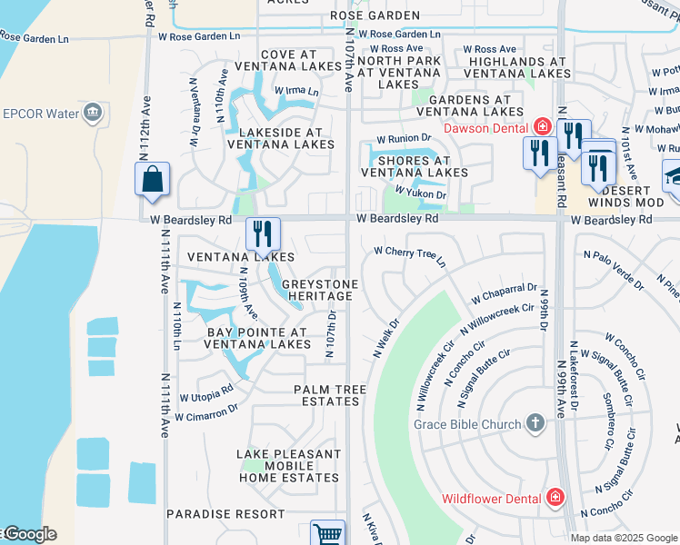 map of restaurants, bars, coffee shops, grocery stores, and more near 19873 North 107th Drive in Sun City
