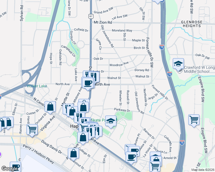 map of restaurants, bars, coffee shops, grocery stores, and more near 3219 North Fulton Avenue in Hapeville