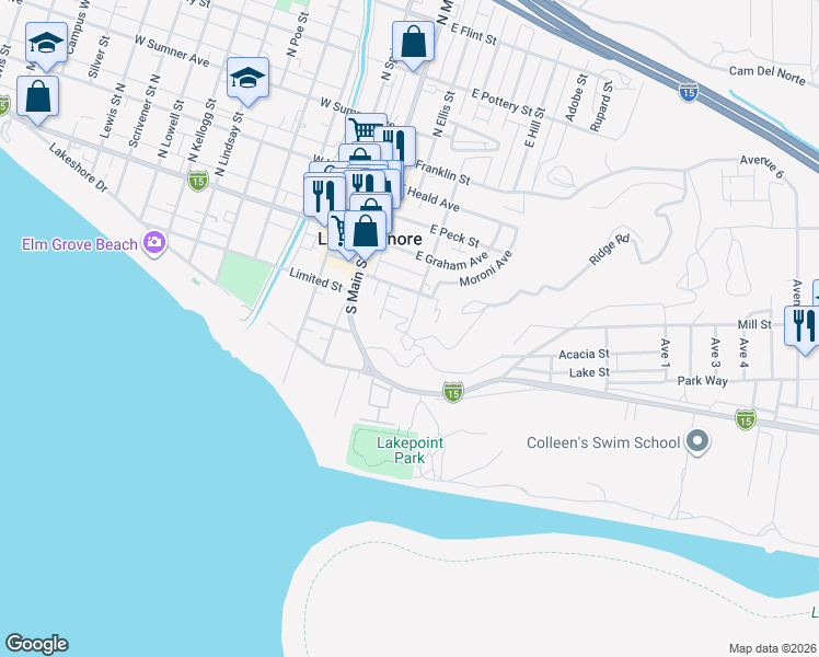 map of restaurants, bars, coffee shops, grocery stores, and more near Ridge Street in Lake Elsinore