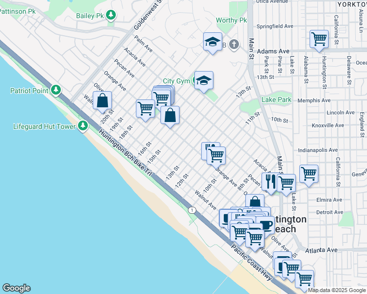map of restaurants, bars, coffee shops, grocery stores, and more near in Huntington Beach