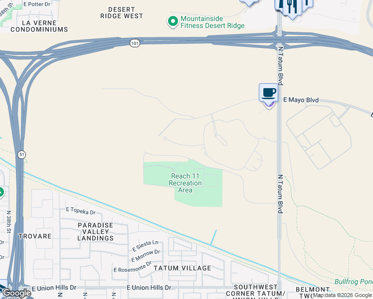 map of restaurants, bars, coffee shops, grocery stores, and more near 19224 North Tatum Boulevard in Phoenix