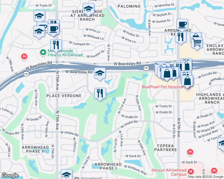 map of restaurants, bars, coffee shops, grocery stores, and more near 7116 West Behrend Drive in Glendale
