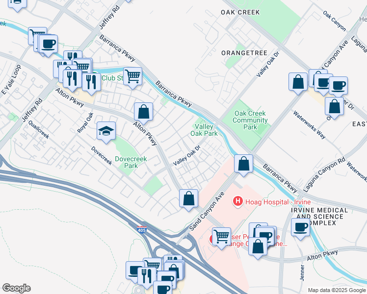 map of restaurants, bars, coffee shops, grocery stores, and more near 17 Highfield Glen in Irvine