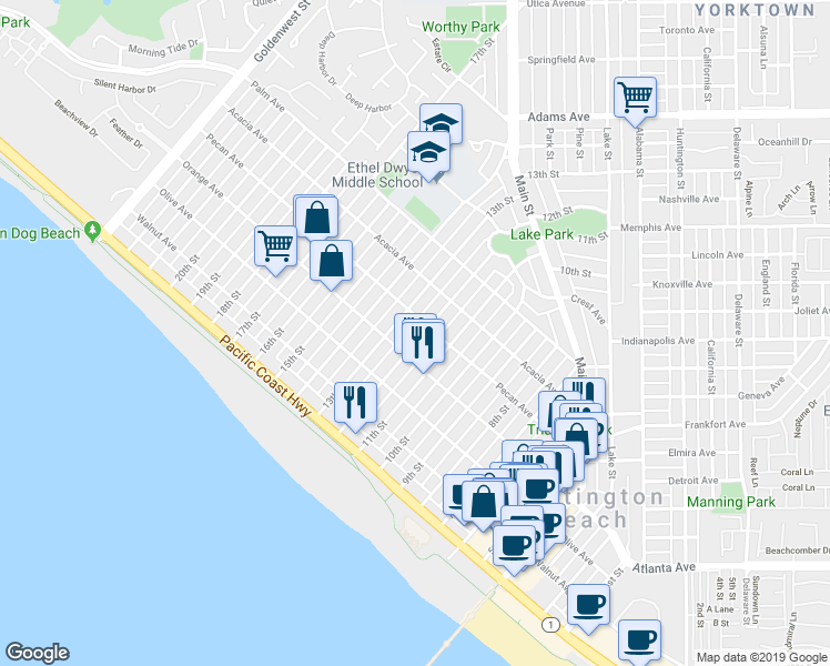 map of restaurants, bars, coffee shops, grocery stores, and more near 414 12th Street in Huntington Beach
