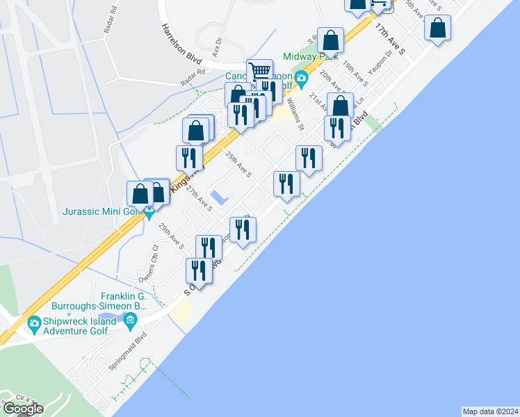map of restaurants, bars, coffee shops, grocery stores, and more near in Myrtle Beach