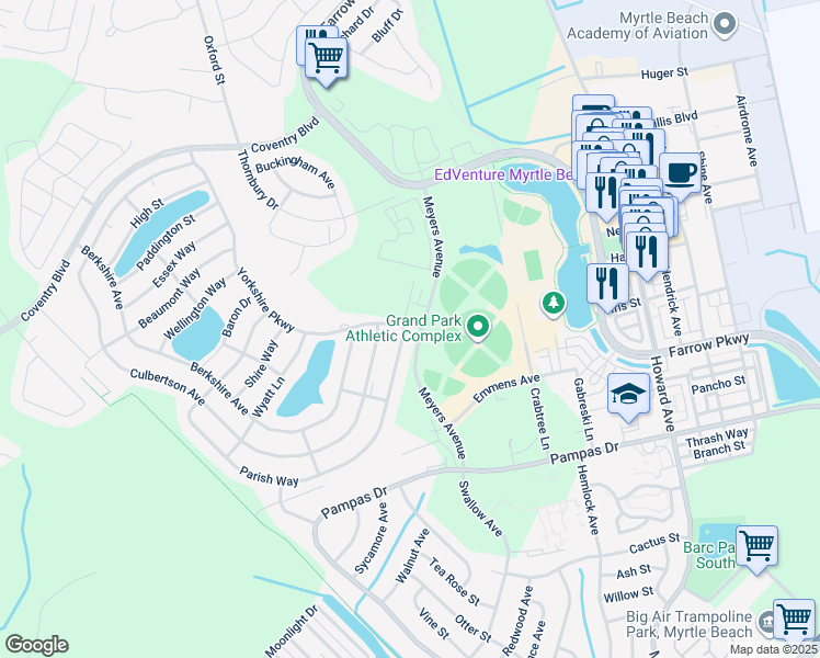map of restaurants, bars, coffee shops, grocery stores, and more near 1926 Parish Way in Myrtle Beach