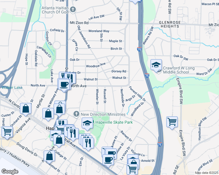 map of restaurants, bars, coffee shops, grocery stores, and more near 3301 Old Jonesboro Road in Hapeville