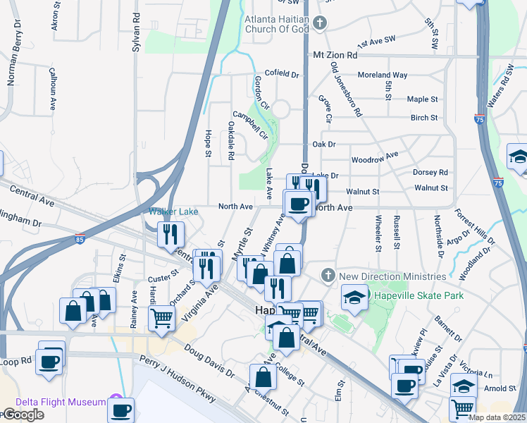 map of restaurants, bars, coffee shops, grocery stores, and more near Myrtle Street Northeast in Atlanta