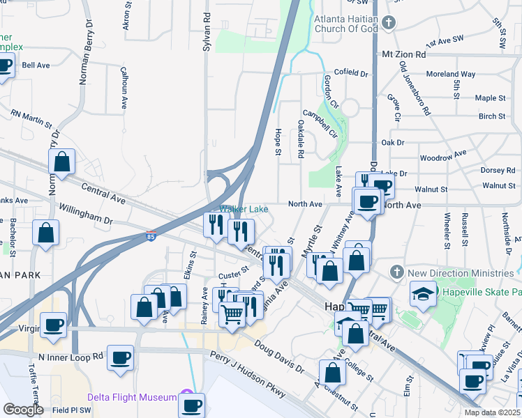 map of restaurants, bars, coffee shops, grocery stores, and more near 3272 Stillwood Drive in Hapeville
