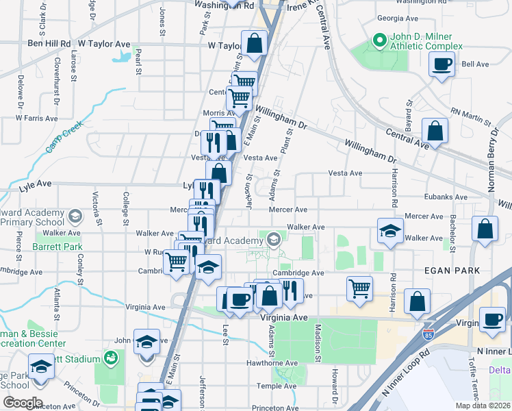 map of restaurants, bars, coffee shops, grocery stores, and more near 1651 Mercer Avenue in Atlanta