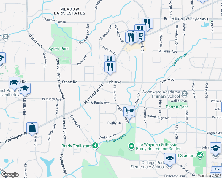 map of restaurants, bars, coffee shops, grocery stores, and more near 3333 Flowers Drive in College Park