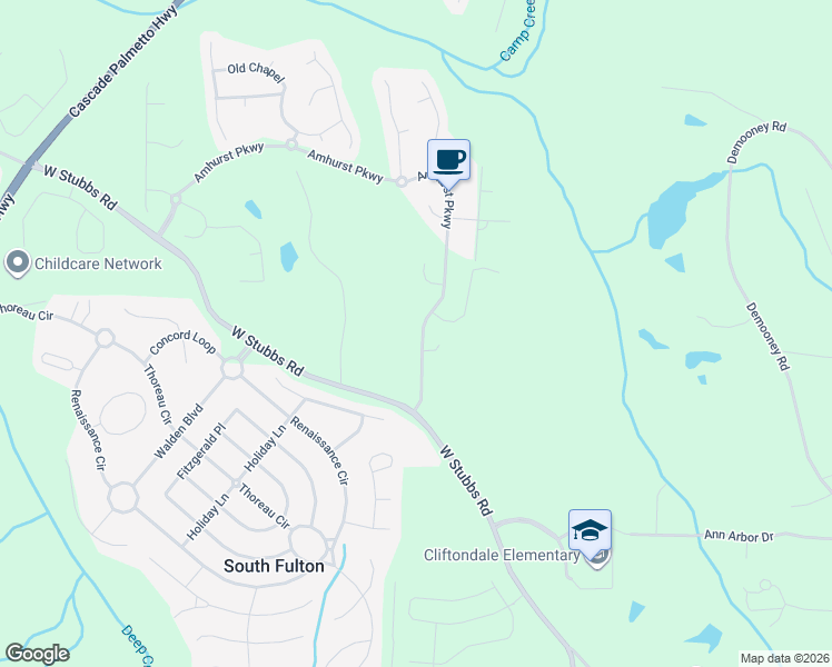 map of restaurants, bars, coffee shops, grocery stores, and more near 3457 Amhurst Parkway in Atlanta