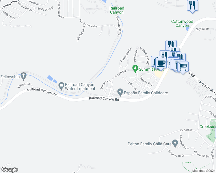map of restaurants, bars, coffee shops, grocery stores, and more near 24114 Savory Way in Lake Elsinore