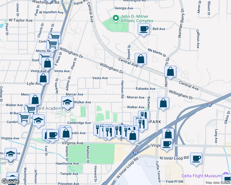 map of restaurants, bars, coffee shops, grocery stores, and more near 1417 Mercer Avenue in College Park
