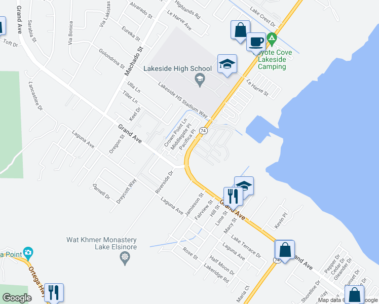 map of restaurants, bars, coffee shops, grocery stores, and more near 32956 Riverside Drive in Lake Elsinore