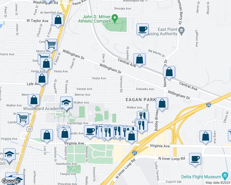 map of restaurants, bars, coffee shops, grocery stores, and more near 1411 Mercer Avenue in College Park