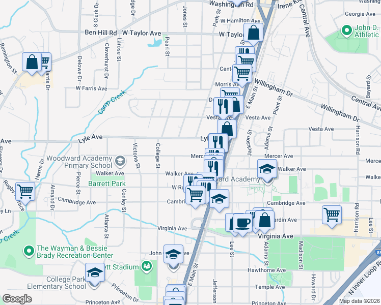 map of restaurants, bars, coffee shops, grocery stores, and more near 1820 Mercer Avenue in College Park