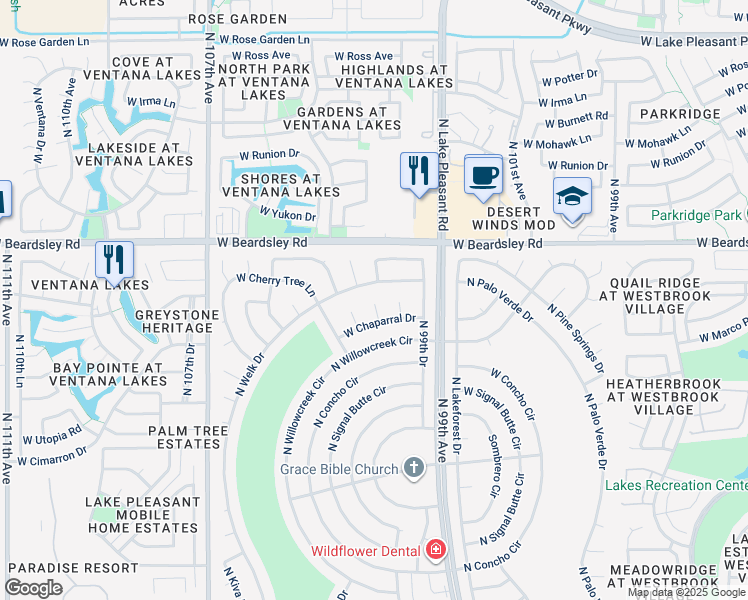 map of restaurants, bars, coffee shops, grocery stores, and more near 19840 North 100th Drive in Sun City