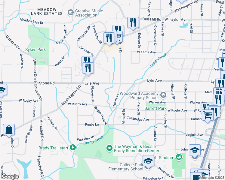 map of restaurants, bars, coffee shops, grocery stores, and more near 2215 Palmour Court in College Park