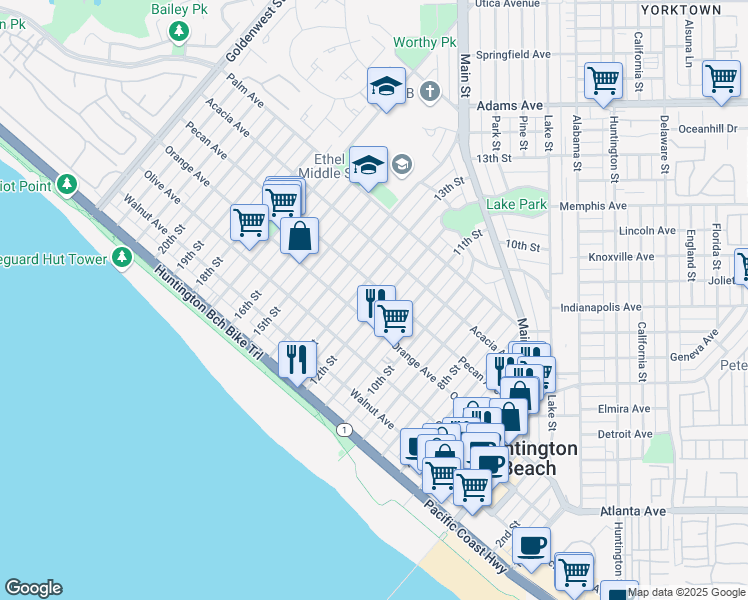 map of restaurants, bars, coffee shops, grocery stores, and more near 417 12th Street in Huntington Beach