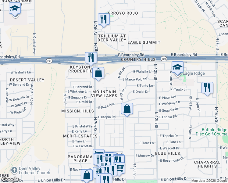 map of restaurants, bars, coffee shops, grocery stores, and more near 1083 Mountain Shadow Lake Condominium in Phoenix