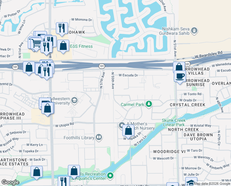 map of restaurants, bars, coffee shops, grocery stores, and more near 19731 North 55th Avenue in Glendale