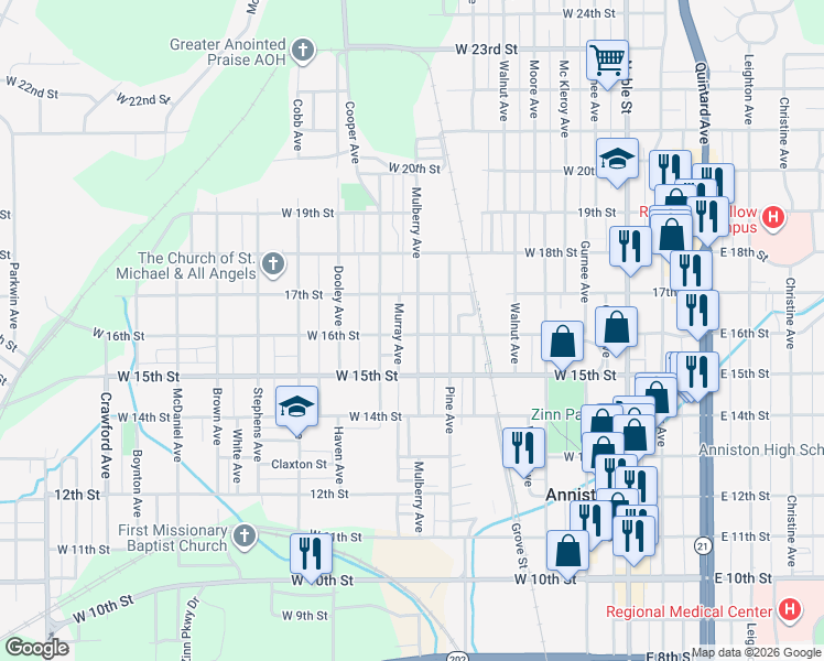 map of restaurants, bars, coffee shops, grocery stores, and more near 1527 Mulberry Avenue in Anniston
