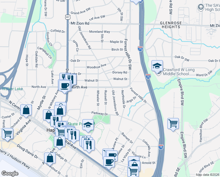 map of restaurants, bars, coffee shops, grocery stores, and more near 3317 Old Jonesboro Road in Hapeville