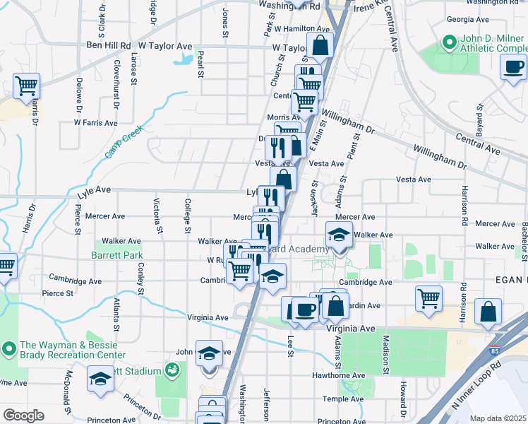 map of restaurants, bars, coffee shops, grocery stores, and more near 1763 Mercer Avenue in Atlanta