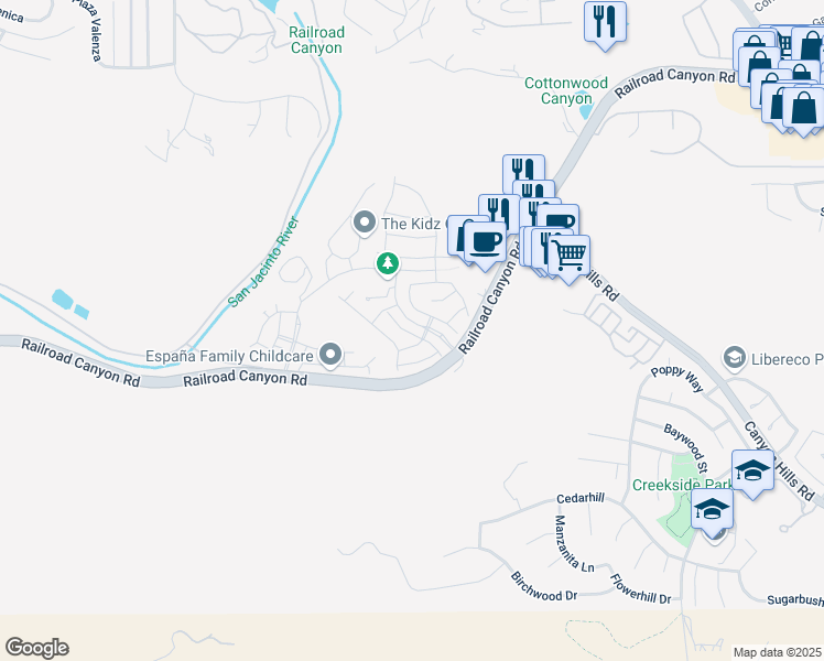 map of restaurants, bars, coffee shops, grocery stores, and more near 24202 Carnation Way in Lake Elsinore