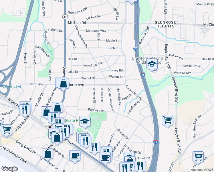 map of restaurants, bars, coffee shops, grocery stores, and more near 3301 Old Jonesboro Road in Hapeville