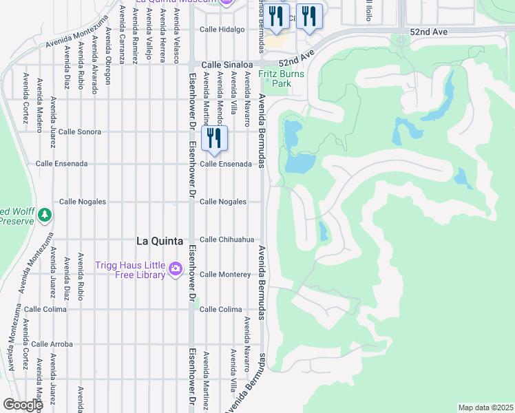 map of restaurants, bars, coffee shops, grocery stores, and more near 52775 Avenida Bermudas in La Quinta