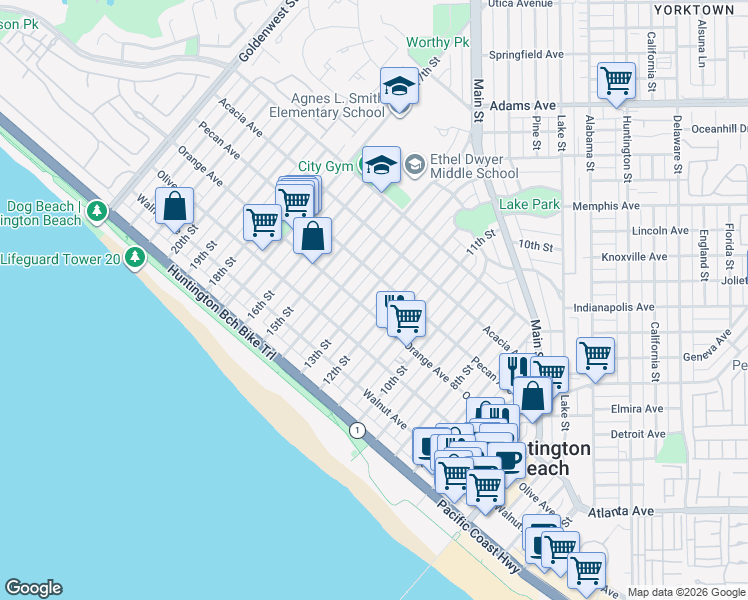 map of restaurants, bars, coffee shops, grocery stores, and more near 410 13th Street in Huntington Beach