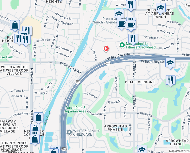 map of restaurants, bars, coffee shops, grocery stores, and more near 6404 North 78th Lane in Glendale
