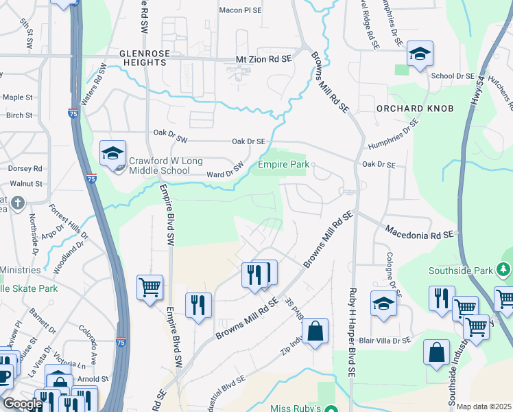 map of restaurants, bars, coffee shops, grocery stores, and more near Hamilton Court Southeast in Atlanta