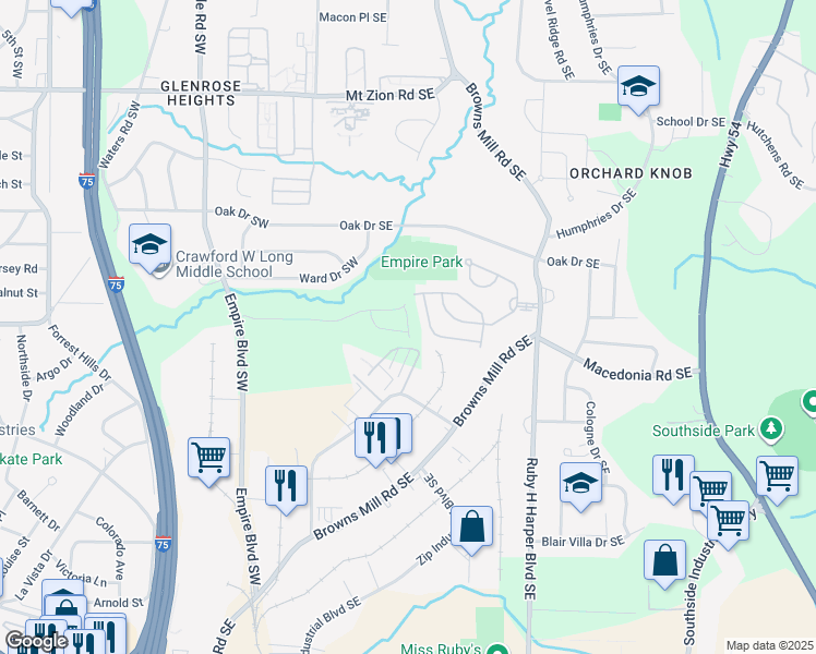 map of restaurants, bars, coffee shops, grocery stores, and more near Hamilton Court Southeast in Atlanta