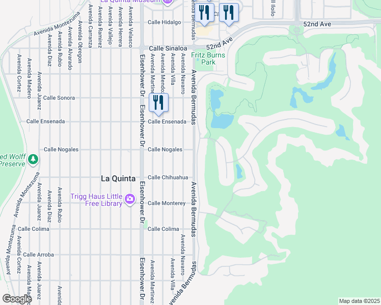 map of restaurants, bars, coffee shops, grocery stores, and more near 52775 Avenida Bermudas in La Quinta