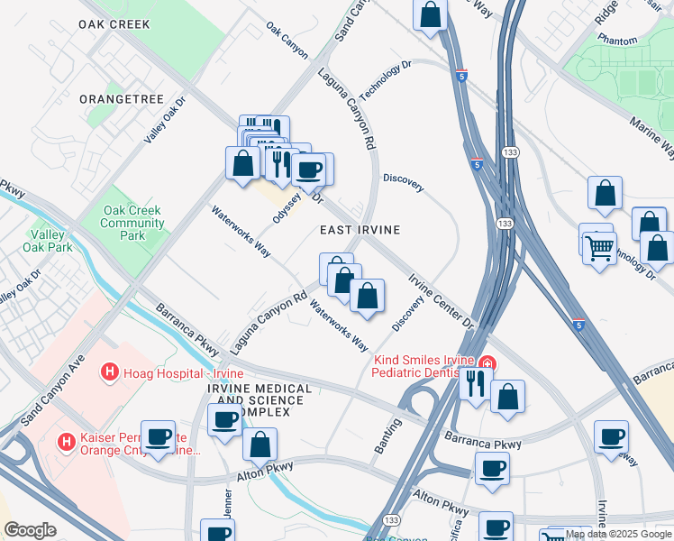 map of restaurants, bars, coffee shops, grocery stores, and more near 113 Waterworks Way in Irvine